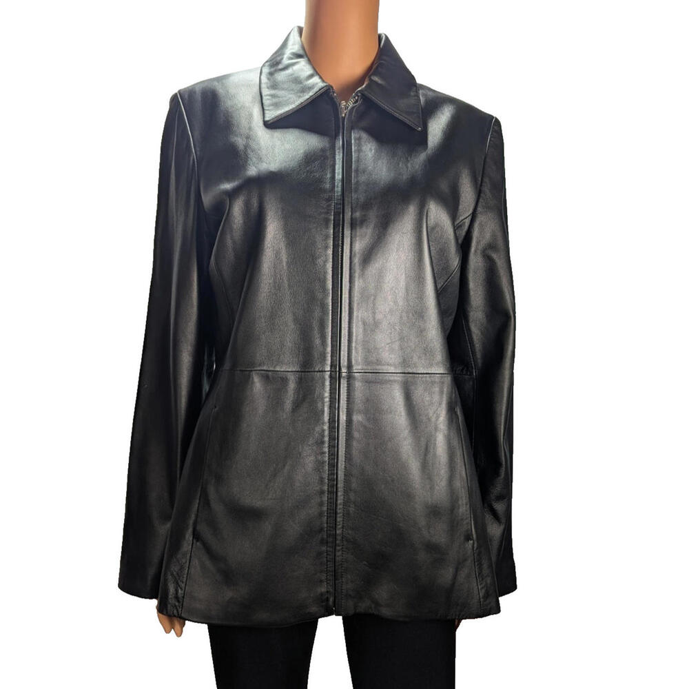 JLC New York Outerwear Black Soft Leather Jacket Collared Zip Pockets Size Med